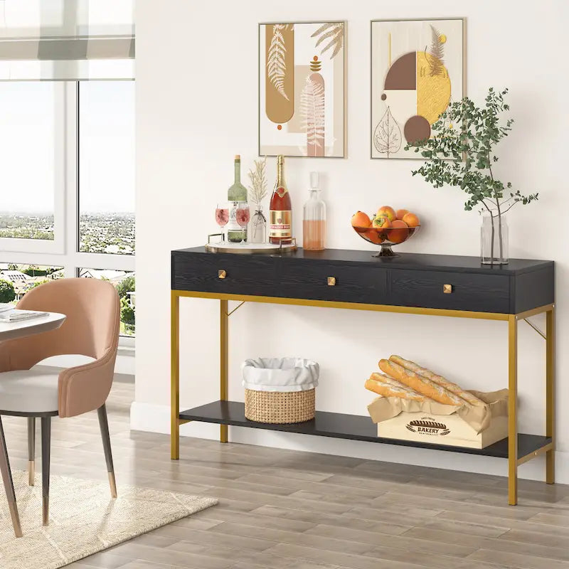 54.33 Console Tavolo con 3 Cassetti, Tavolo da Ingresso Nero con Ripiani Contenitori