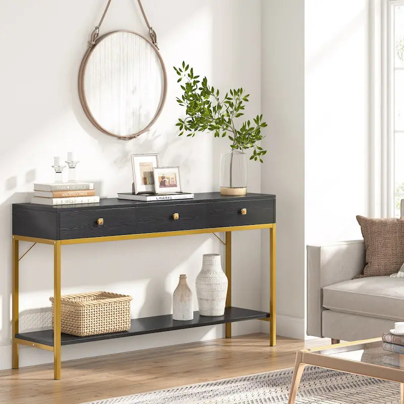 54.33 Console Tavolo con 3 Cassetti, Tavolo da Ingresso Nero con Ripiani Contenitori