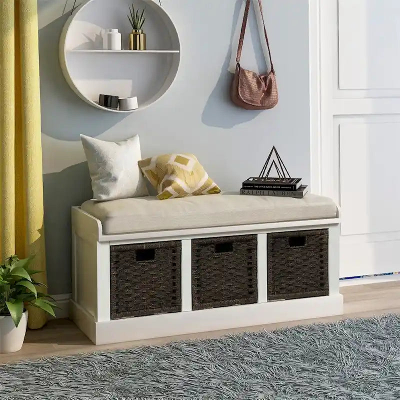 Panca contenitore da ingresso con 3 cestini rimovibili e cuscino