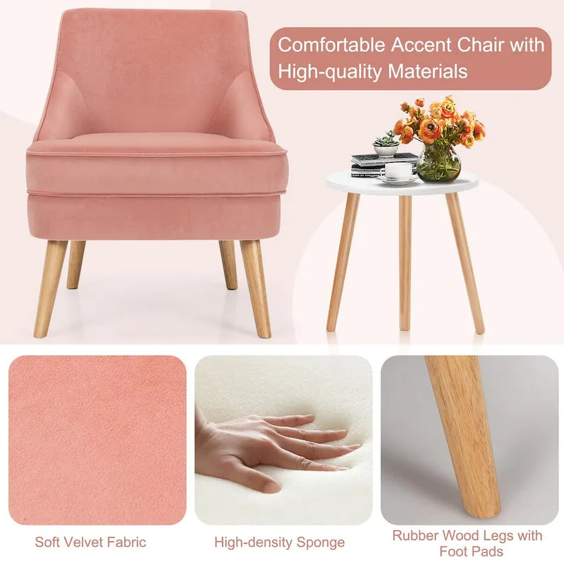 Set di 2 Poltrone Accent in Velluto Sedia Singola con Legno di Gomma