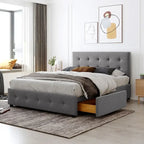 Letto a piattaforma imbottito con testiera classica e 4 cassetti, nessuna rete a molle necessaria, tessuto di lino, colore grigio chiaro, misura Queen