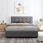 Letto a piattaforma imbottito con testiera classica e 4 cassetti, nessuna rete a molle necessaria, tessuto di lino, colore grigio chiaro, misura Queen