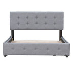 Letto a piattaforma imbottito con testiera classica e 4 cassetti, nessuna rete a molle necessaria, tessuto di lino, colore grigio chiaro, misura Queen