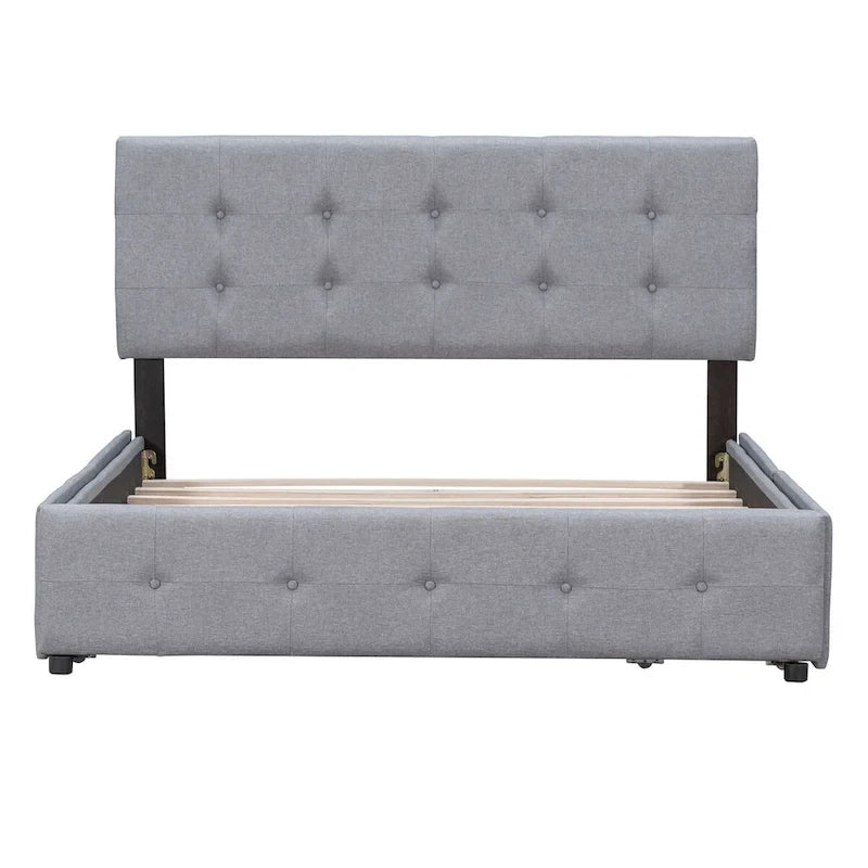 Letto a piattaforma imbottito con testiera classica e 4 cassetti, nessuna rete a molle necessaria, tessuto di lino, colore grigio chiaro, misura Queen