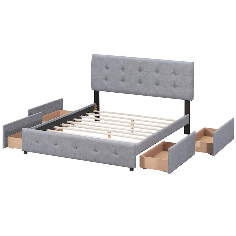 Letto a piattaforma imbottito con testiera classica e 4 cassetti, nessuna rete a molle necessaria, tessuto di lino, colore grigio chiaro, misura Queen