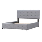Letto a piattaforma imbottito con testiera classica e 4 cassetti, nessuna rete a molle necessaria, tessuto di lino, colore grigio chiaro, misura Queen