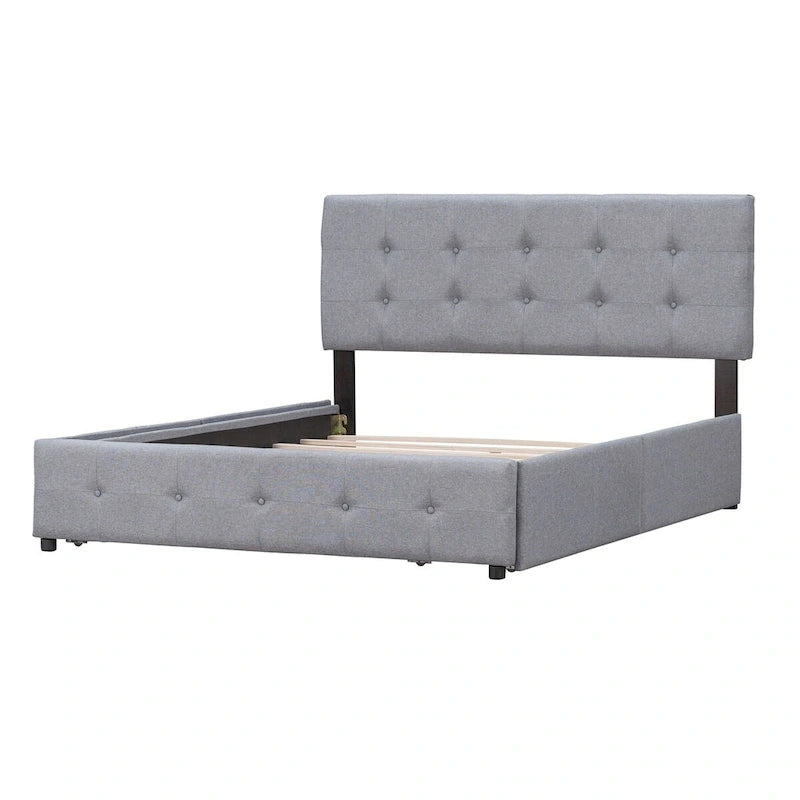 Letto a piattaforma imbottito con testiera classica e 4 cassetti, nessuna rete a molle necessaria, tessuto di lino, colore grigio chiaro, misura Queen