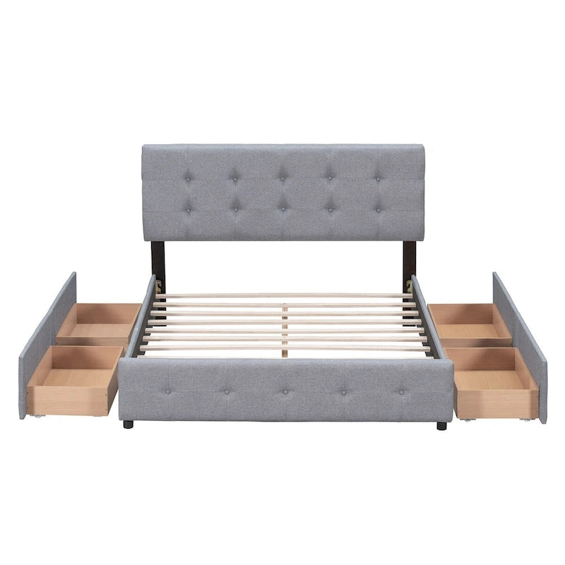 Letto a piattaforma imbottito con testiera classica e 4 cassetti, nessuna rete a molle necessaria, tessuto di lino, colore grigio chiaro, misura Queen