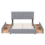 Letto a piattaforma imbottito con testiera classica e 4 cassetti, nessuna rete a molle necessaria, tessuto di lino, colore grigio chiaro, misura Queen