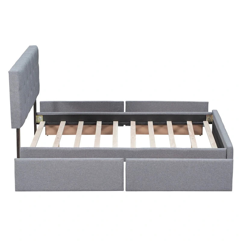 Letto a piattaforma imbottito con testiera classica e 4 cassetti, nessuna rete a molle necessaria, tessuto di lino, colore grigio chiaro, misura Queen