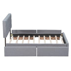 Letto a piattaforma imbottito con testiera classica e 4 cassetti, nessuna rete a molle necessaria, tessuto di lino, colore grigio chiaro, misura Queen