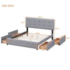 Letto a piattaforma imbottito con testiera classica e 4 cassetti, nessuna rete a molle necessaria, tessuto di lino, colore grigio chiaro, misura Queen