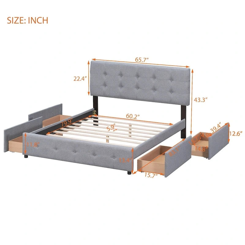 Letto a piattaforma imbottito con testiera classica e 4 cassetti, nessuna rete a molle necessaria, tessuto di lino, colore grigio chiaro, misura Queen