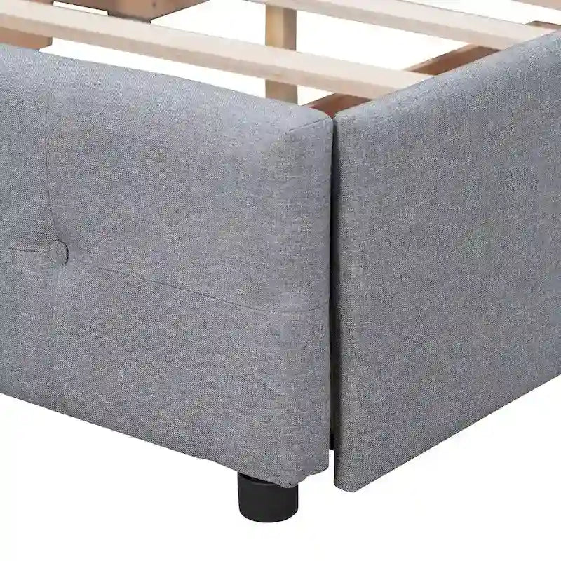 Letto a piattaforma imbottito con testiera classica e 4 cassetti, nessuna rete a molle necessaria, tessuto di lino, colore grigio chiaro, misura Queen