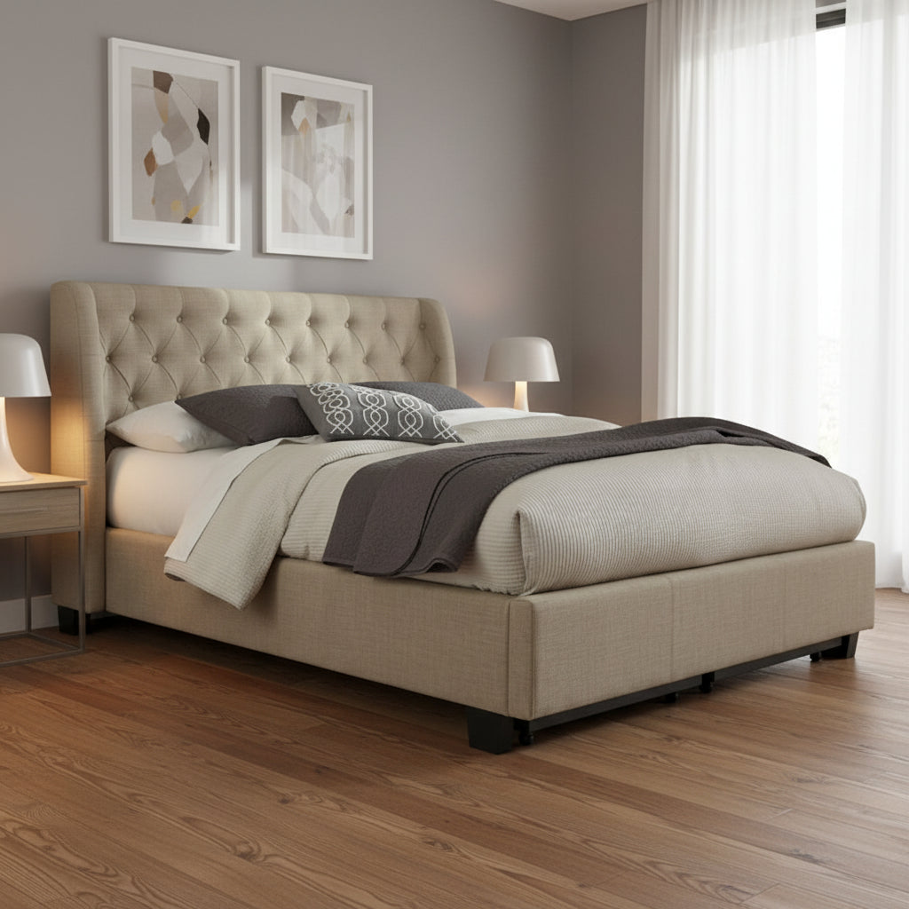   Queen Bed, Storage Footboard, Button Tufted Upholstery, Beige Linen