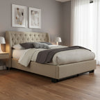   Queen Bed, Storage Footboard, Button Tufted Upholstery, Beige Linen
