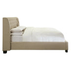 Letto matrimoniale, pediera con contenitore, rivestimento capitonné, lino beige