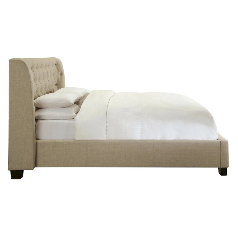 Letto matrimoniale, pediera con contenitore, rivestimento capitonné, lino beige