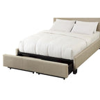 Letto matrimoniale, pediera con contenitore, rivestimento capitonné, lino beige