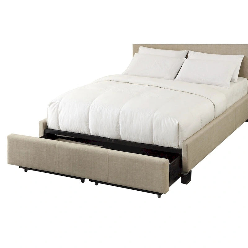 Letto matrimoniale, pediera con contenitore, rivestimento capitonné, lino beige