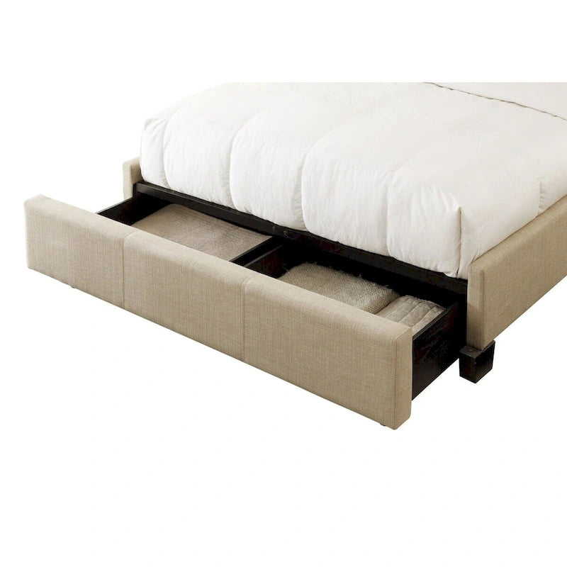 Letto matrimoniale, pediera con contenitore, rivestimento capitonné, lino beige
