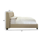 Letto matrimoniale, pediera con contenitore, rivestimento capitonné, lino beige