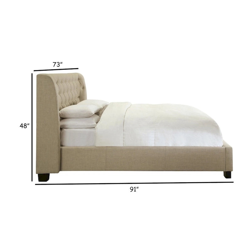 Letto matrimoniale, pediera con contenitore, rivestimento capitonné, lino beige