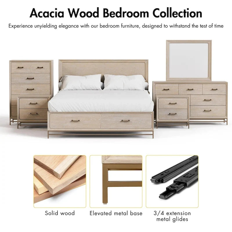 Set camera da letto Drayden 3 pezzi in legno massello di rovere transizionale con letto, cassettiera e comodino