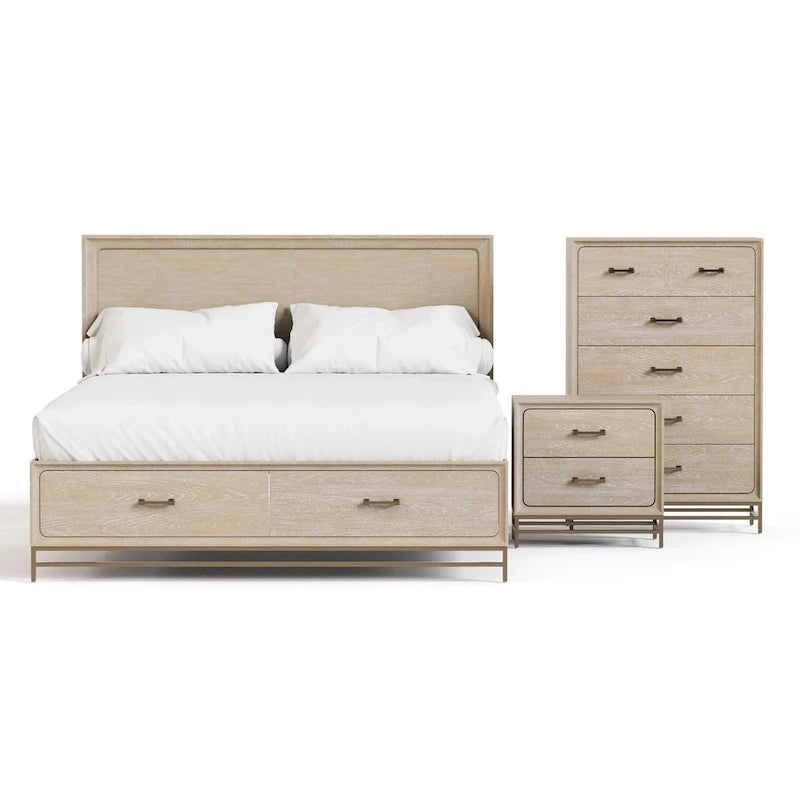 Set camera da letto Drayden 3 pezzi in legno massello di rovere transizionale con letto, cassettiera e comodino