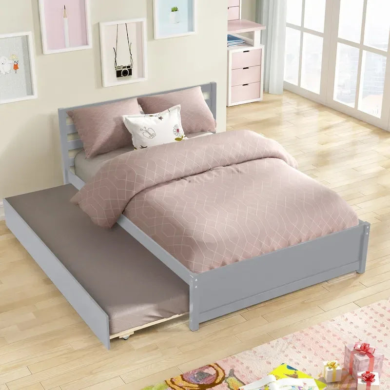   Full Size Wood Platform Bed Frame with Headboard and Twin Trundle For Grey Color