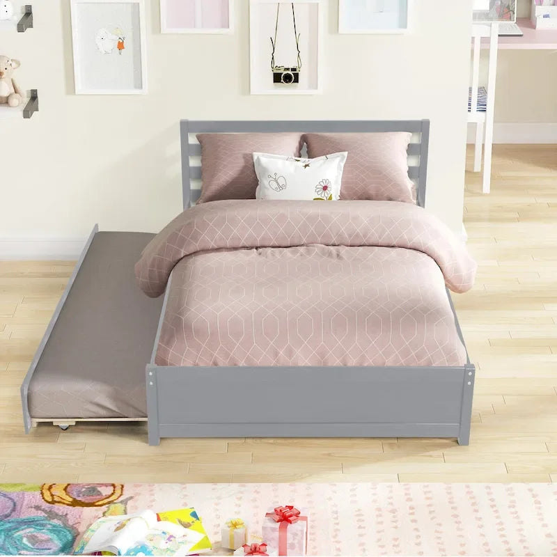 Struttura letto a piattaforma in legno full-size con testiera e letto estraibile singolo, colore grigio