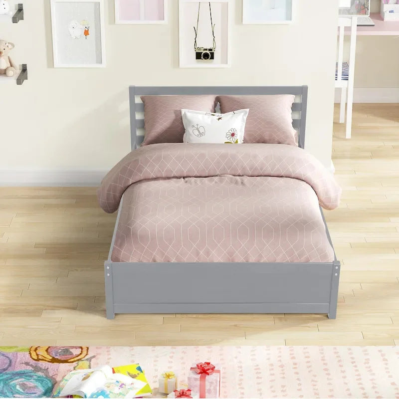 Struttura letto a piattaforma in legno full-size con testiera e letto estraibile singolo, colore grigio