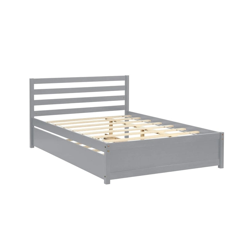 Struttura letto a piattaforma in legno full-size con testiera e letto estraibile singolo, colore grigio
