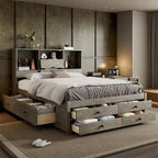 Letto Queen Size con Piattaforma e Testiera con Contenitore, e 8 Cassetti