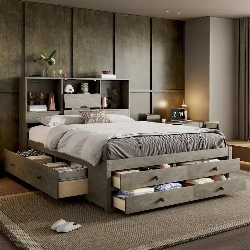 Letto Queen Size con Piattaforma e Testiera con Contenitore, e 8 Cassetti