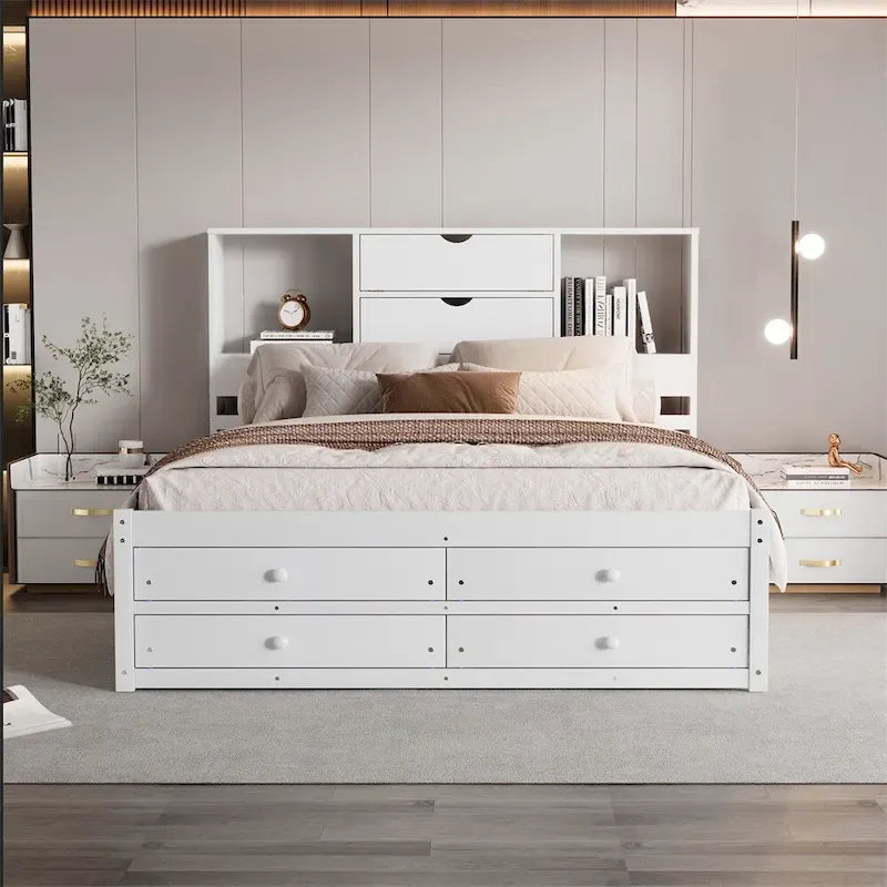Letto Queen Size con Piattaforma e Testiera con Contenitore, e 8 Cassetti