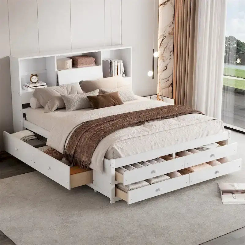 Letto Queen Size con Piattaforma e Testiera con Contenitore, e 8 Cassetti