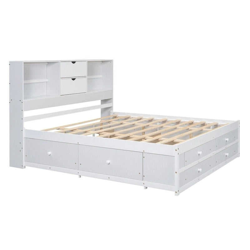 Letto Queen Size con Piattaforma e Testiera con Contenitore, e 8 Cassetti