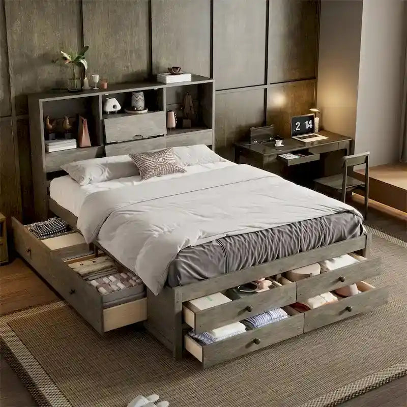 Letto Queen Size con Piattaforma e Testiera con Contenitore, e 8 Cassetti