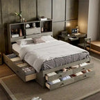 Letto Queen Size con Piattaforma e Testiera con Contenitore, e 8 Cassetti