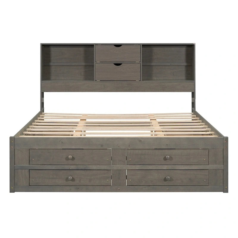 Letto Queen Size con Piattaforma e Testiera con Contenitore, e 8 Cassetti