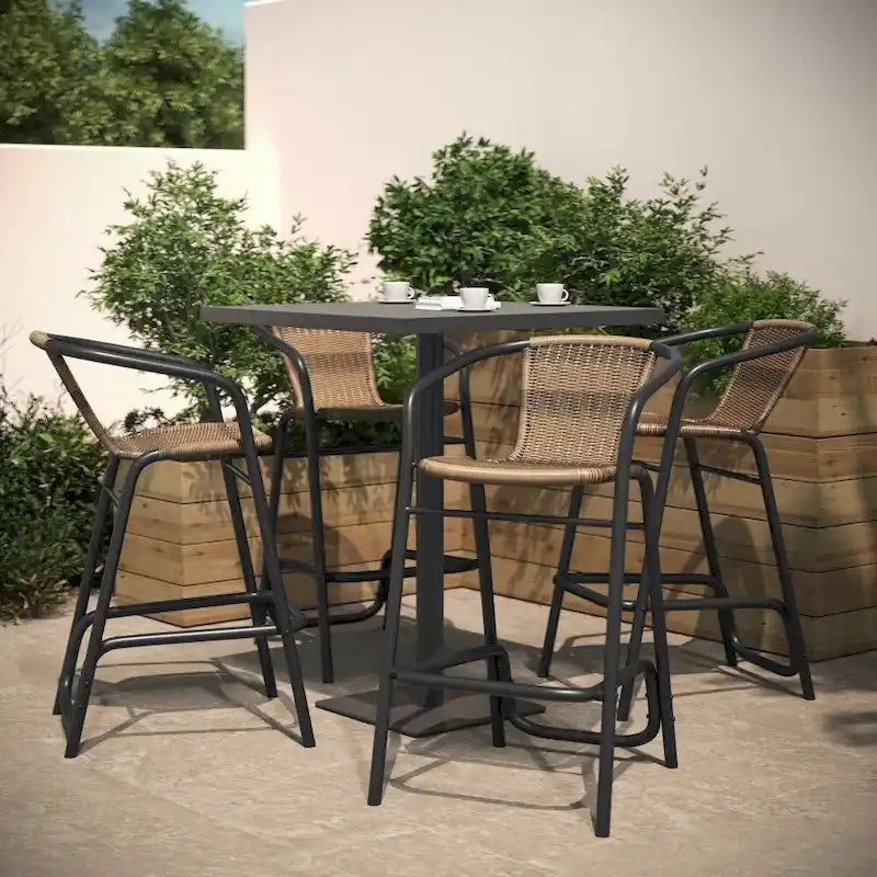 Sgabello Commerciale da Bar per Ristorante in Rattan per Interni ed Esterni con Telaio in Alluminio - Set da 4