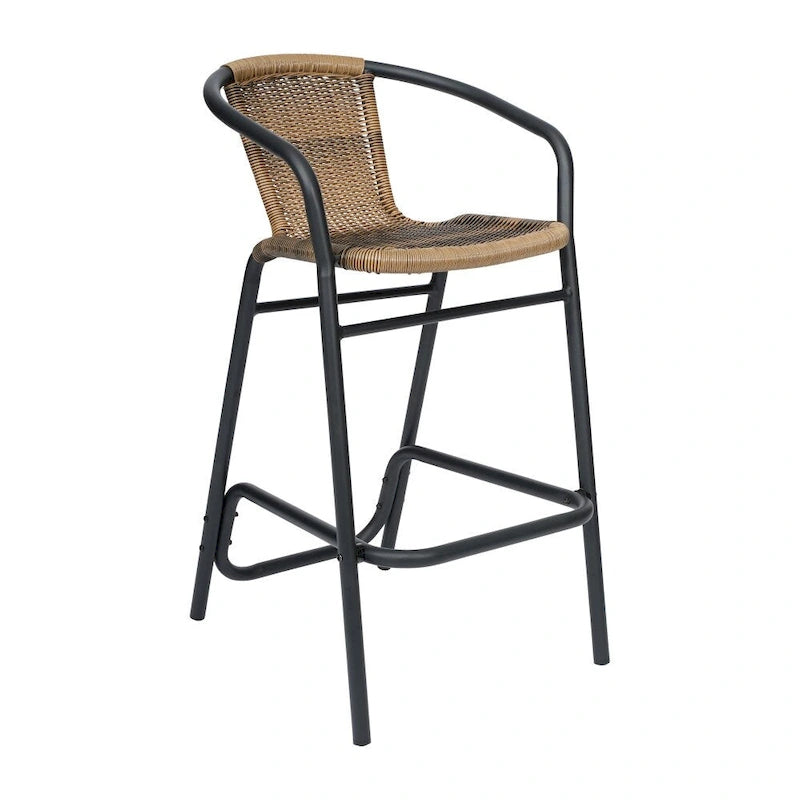 Sgabello Commerciale da Bar per Ristorante in Rattan per Interni ed Esterni con Telaio in Alluminio - Set da 4