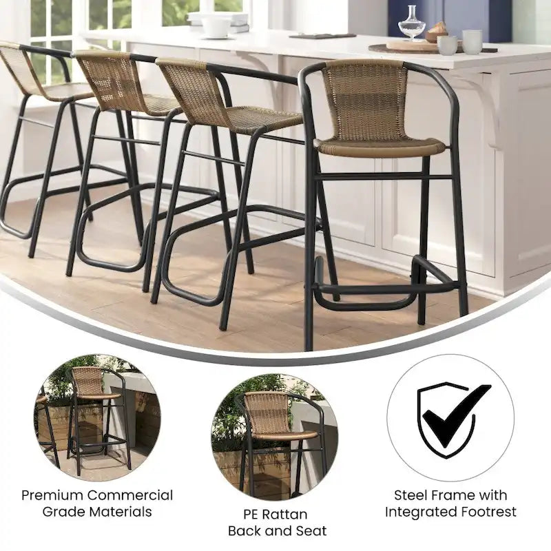 Sgabello Commerciale da Bar per Ristorante in Rattan per Interni ed Esterni con Telaio in Alluminio - Set da 4
