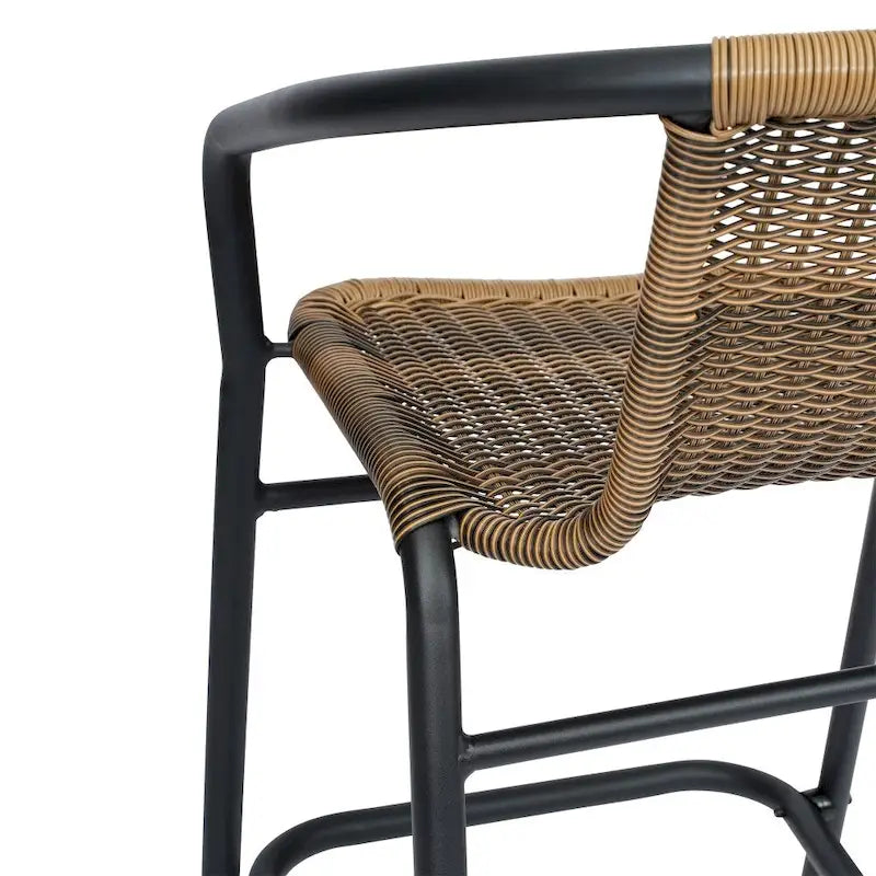 Sgabello Commerciale da Bar per Ristorante in Rattan per Interni ed Esterni con Telaio in Alluminio - Set da 4