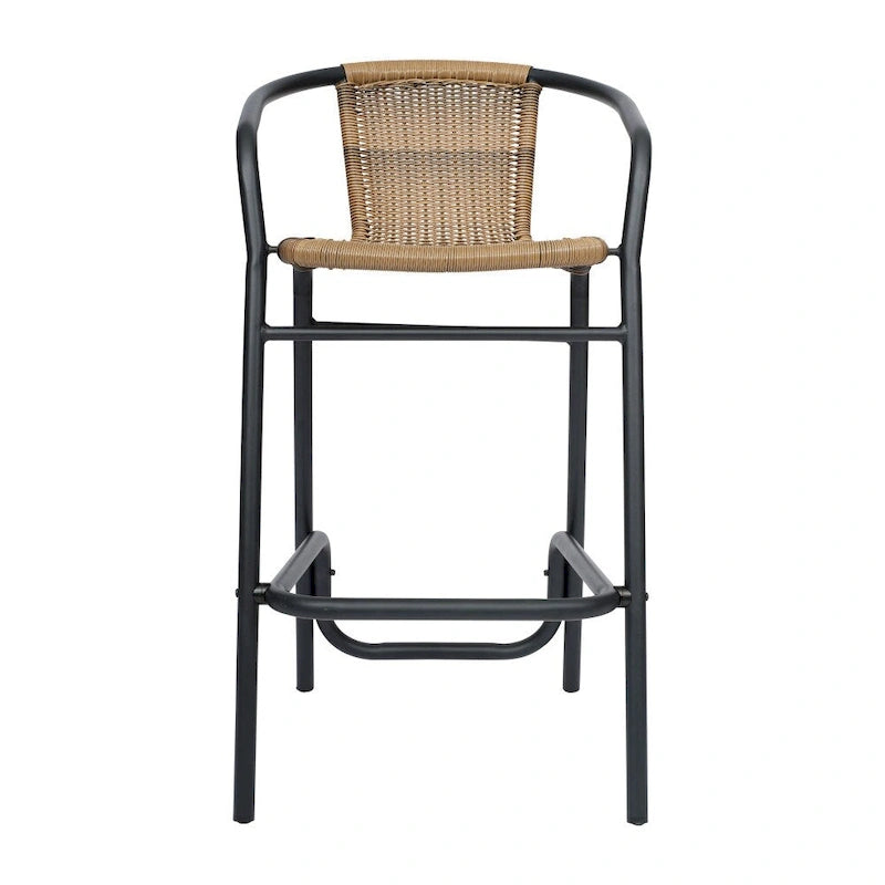 Sgabello Commerciale da Bar per Ristorante in Rattan per Interni ed Esterni con Telaio in Alluminio - Set da 4