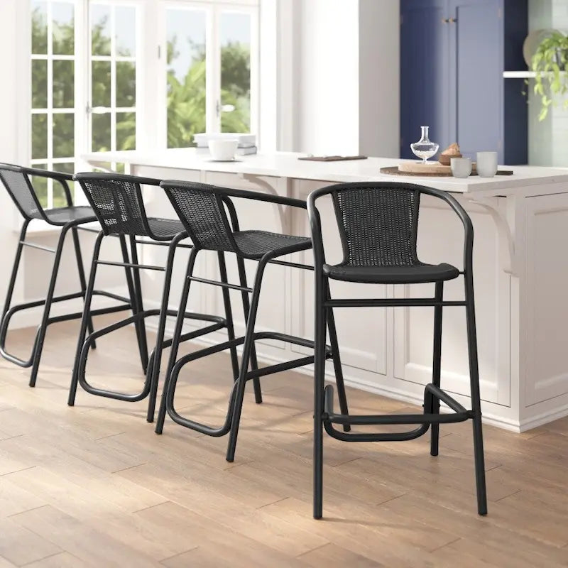 Sgabello Commerciale da Bar per Ristorante in Rattan per Interni ed Esterni con Telaio in Alluminio - Set da 4