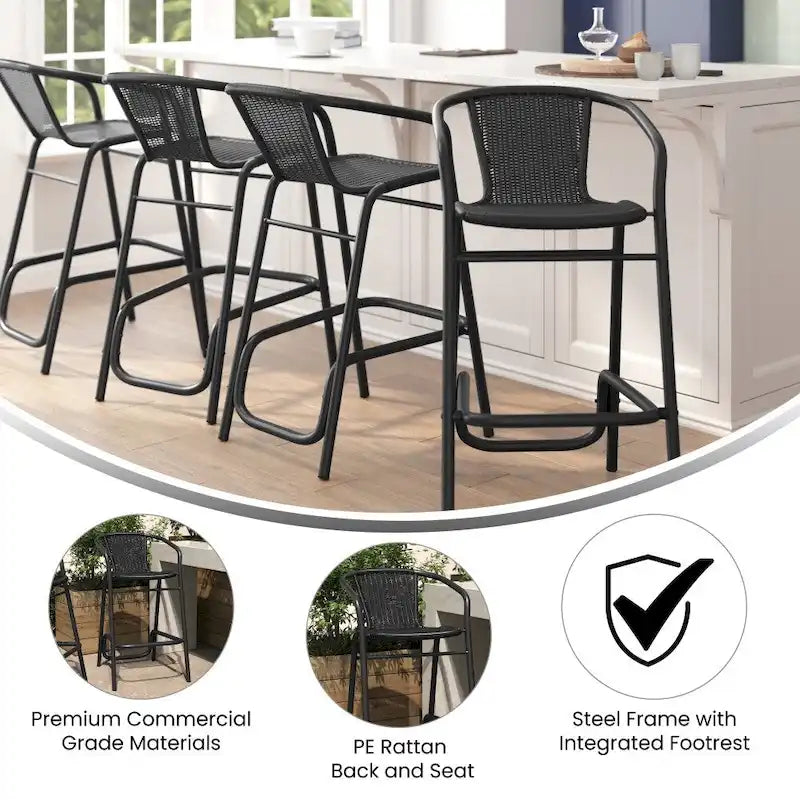 Sgabello Commerciale da Bar per Ristorante in Rattan per Interni ed Esterni con Telaio in Alluminio - Set da 4