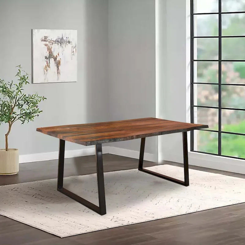   80 Inch Rectangular Dining Table, Live Edge, Iron Base, Chestnut Brown