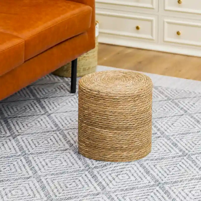 Pouf Rotondo in Giunco Naturale Intrecciato a Mano Poggiapiedi